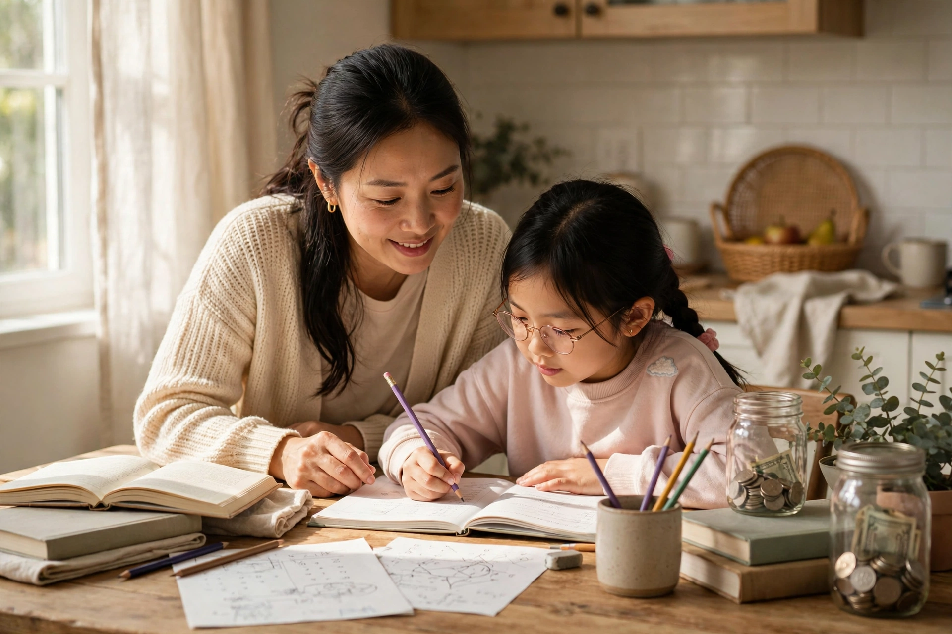 妈妈在餐桌旁陪女儿做功课,象征大学教育基金规划