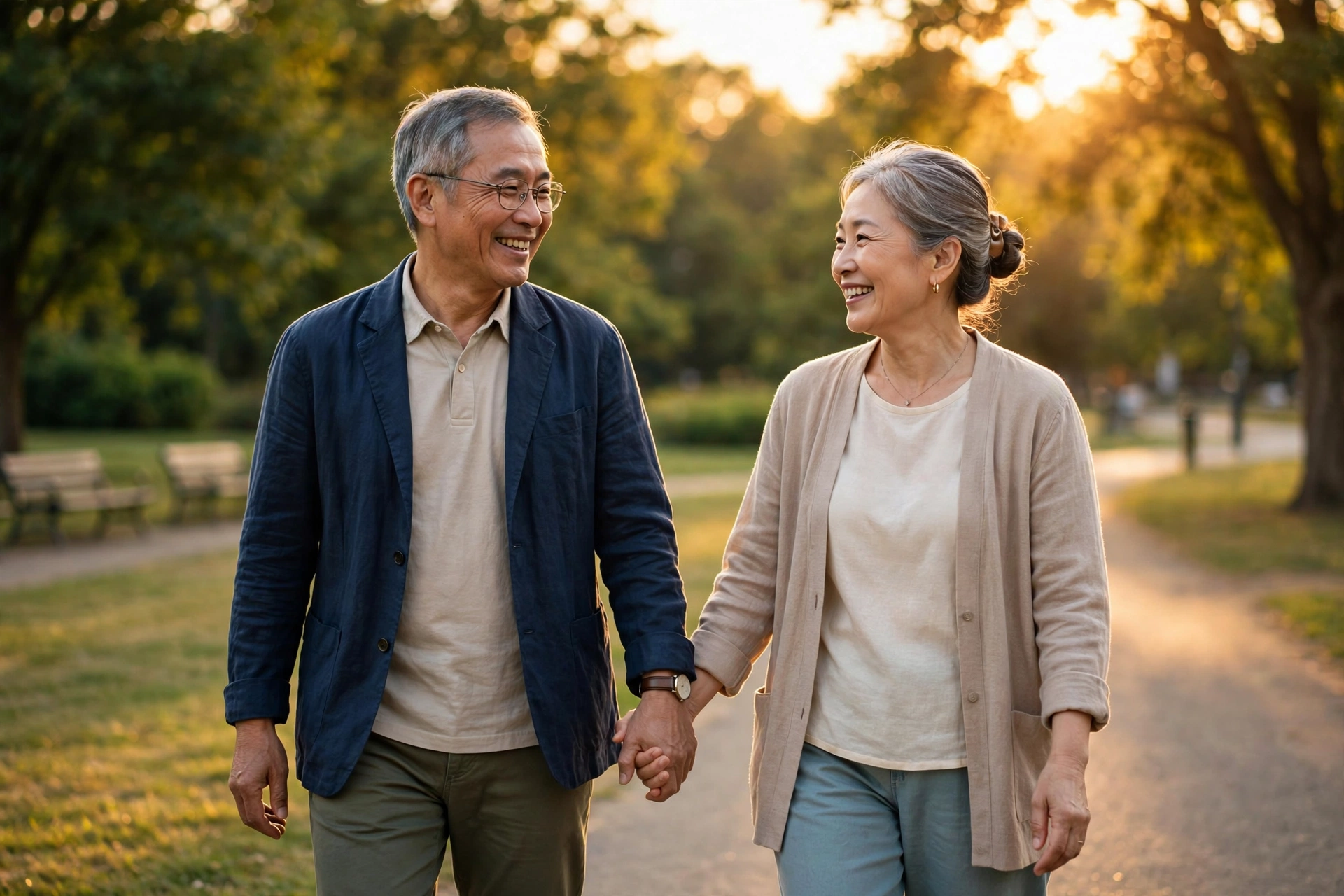 一对年长夫妇在阳光公园里牵手散步,享受退休生活
