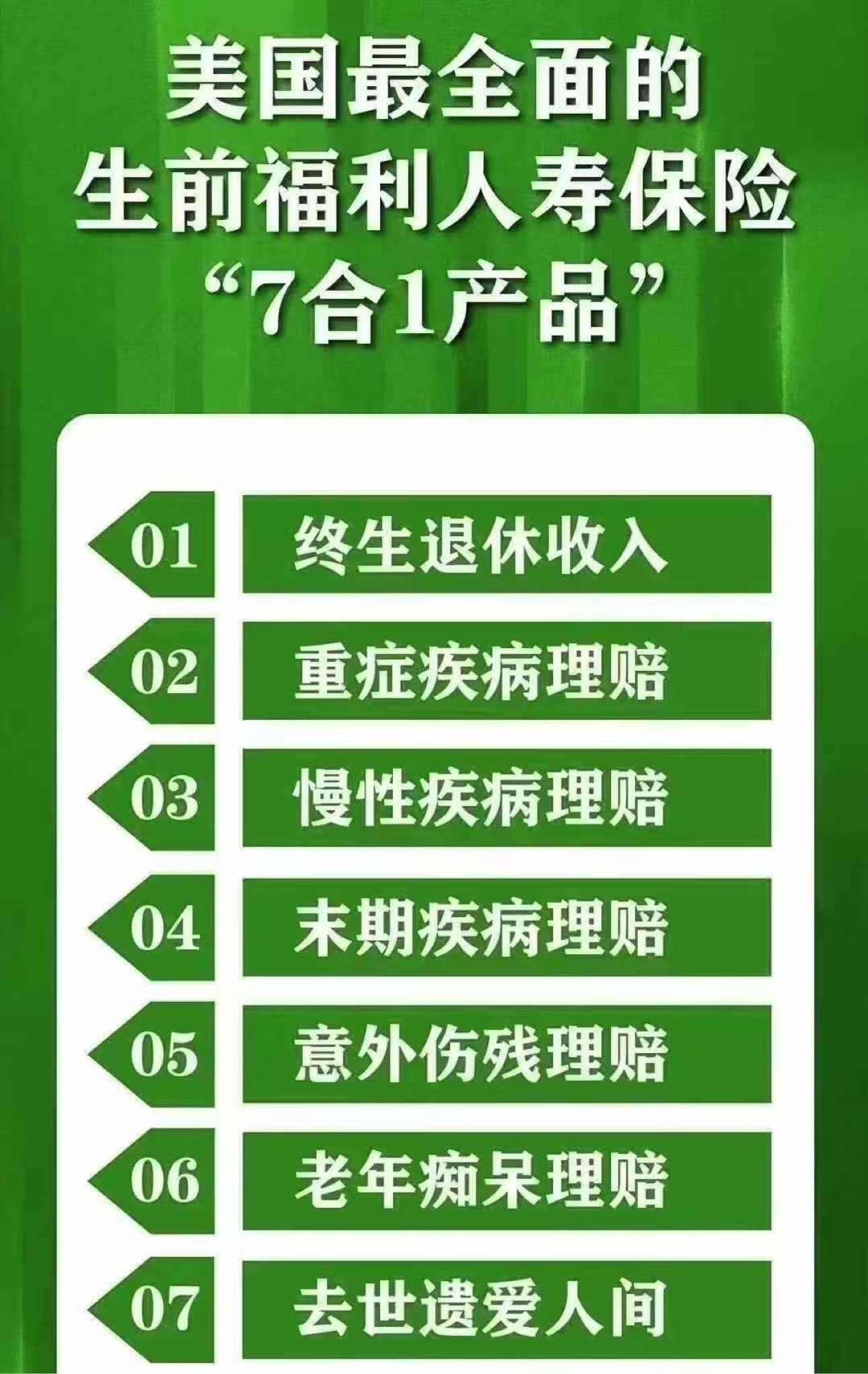 美国最全面的生前福利人寿保险「7合1产品」海报 — 终生退休收入、重症疾病理赔、慢性疾病理赔、末期疾病理赔、意外伤残理赔、阿尔茨海默症(老年痴呆)理赔、去世遗爱人间